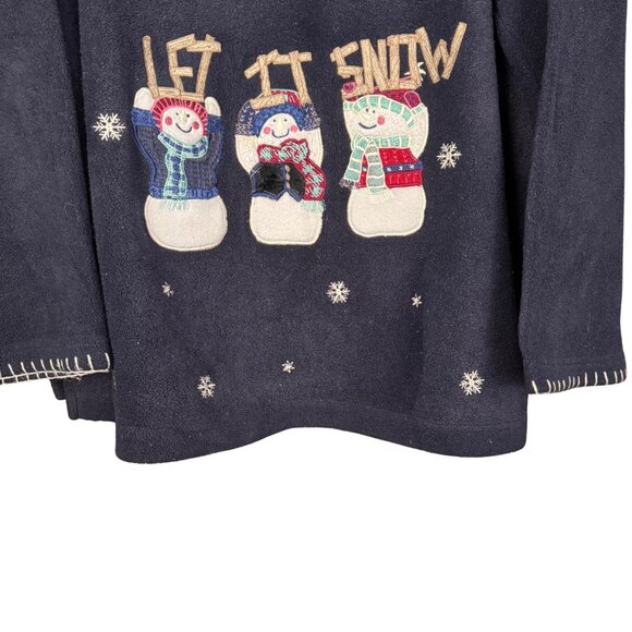 Vintage Fleece Christmas Pullover Sweater Navy Blue Let It Snow Sweatshirt - Picture 3 of 6